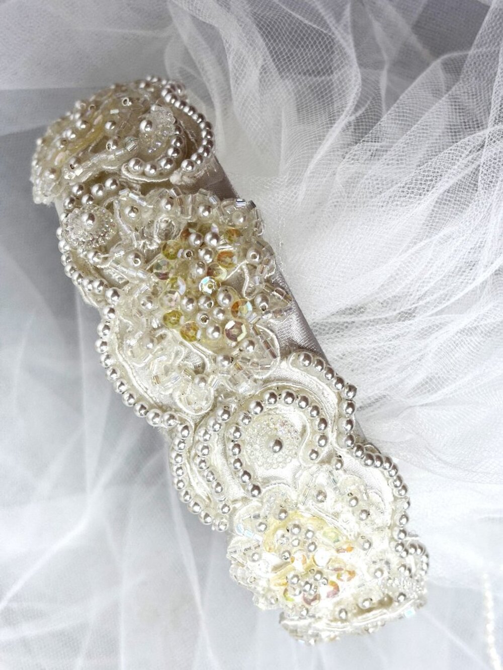 Bridal Veil Headband Fingertip Length w/ modesty veil in front